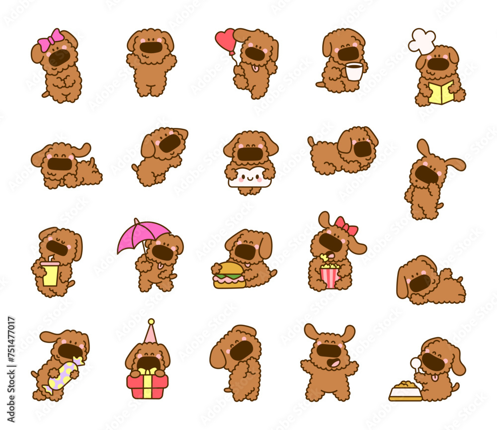 Fototapeta premium Cute kawaii dog. Toy poodle. Cartoon funny puppy character. Hand drawn style. Vector drawing. Collection of design elements.