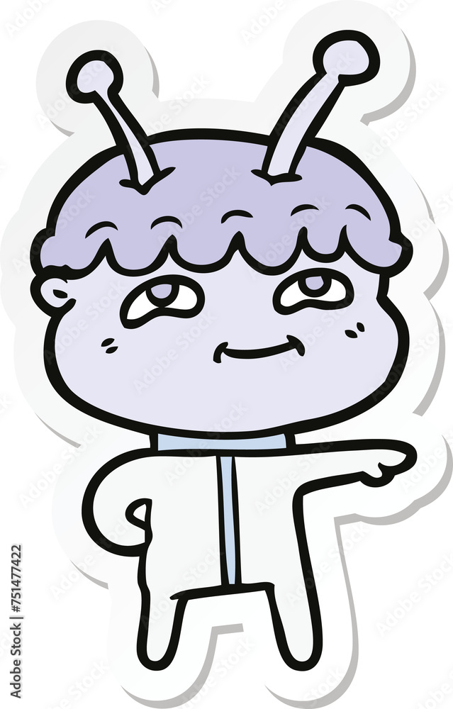 sticker of a friendly cartoon spaceman pointing sticker of a friendly cartoon spaceman pointing