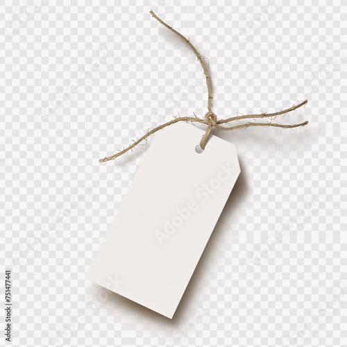 A blank white tag, tied with a twisted rope, hangs against a transparent background.” photo