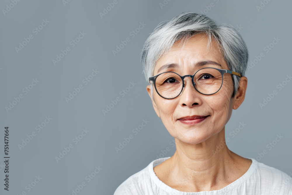 Asian senior woman with white hair on light grey background.