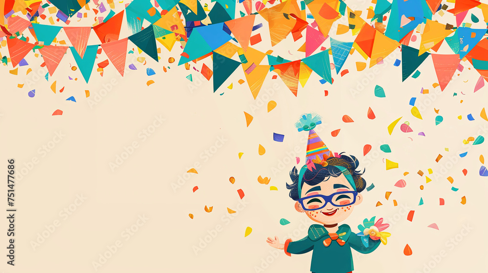 Obraz premium Purim banner with mask, Hamentashen and colorful flags. Tradition concept.
