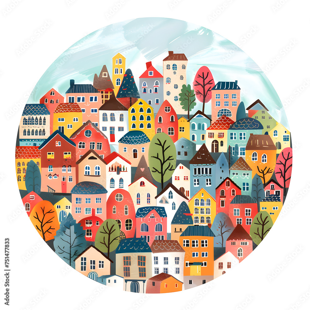 Simple geometric city colorful landscape in flat style. Circle shape composition