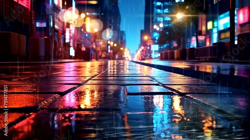 Wet street scene after rain, animated virtual repeating seamless 4k	