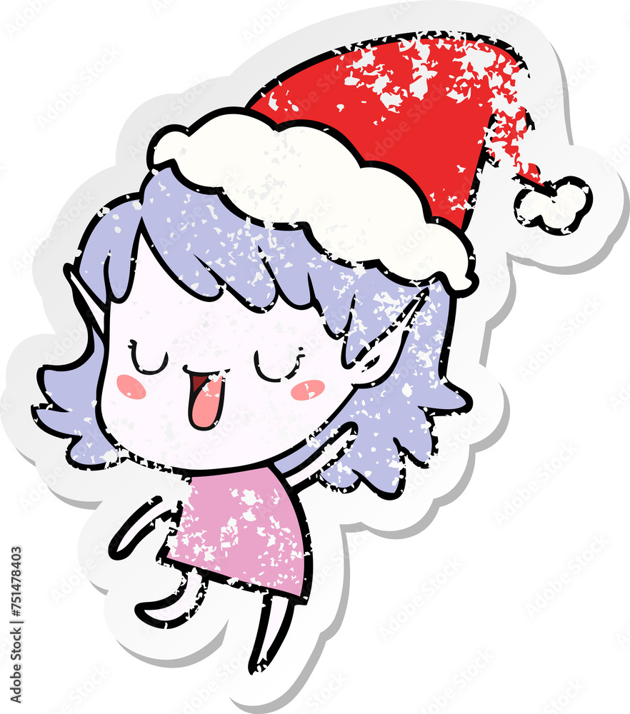 distressed sticker cartoon of a elf girl wearing santa hat distressed sticker cartoon of a elf girl wearing santa hat