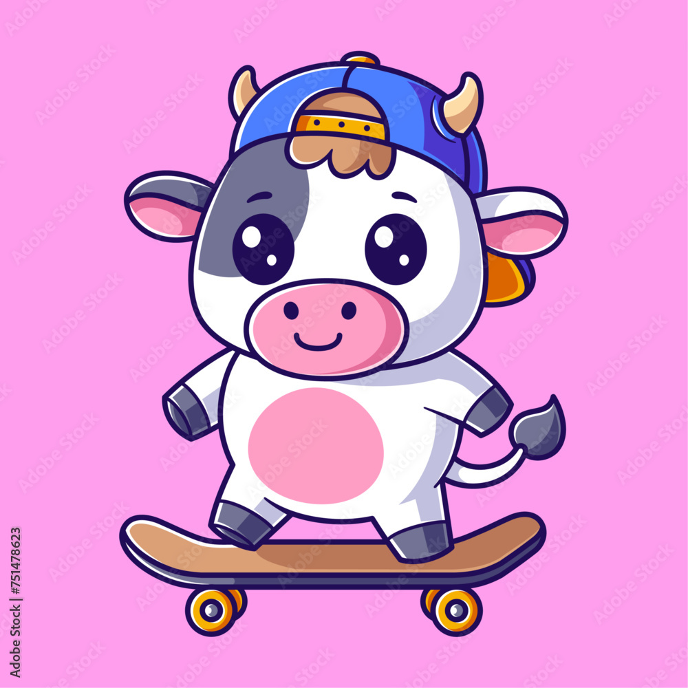 Cute cow skateboarding and wearing a blue hat