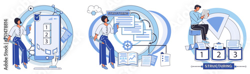 Workflow vector illustration. Multitasking is skill contributes to efficient work organization Strategic development requires effective brainstorming and workflow analysis Progress in business photo