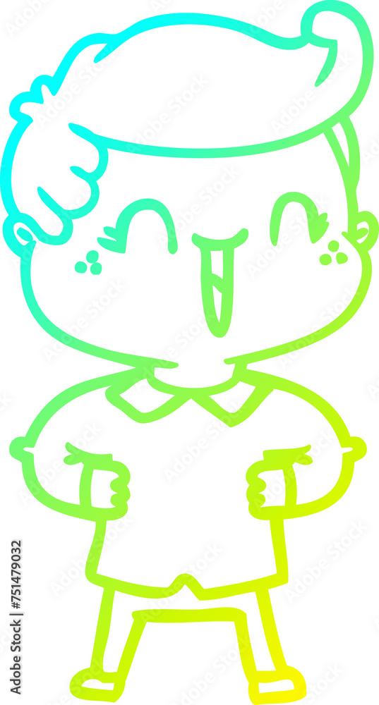 cold gradient line drawing cartoon laughing boy with hands on hips