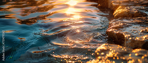 The setting sun's golden glow reflects on the water's surface by the rocky edge