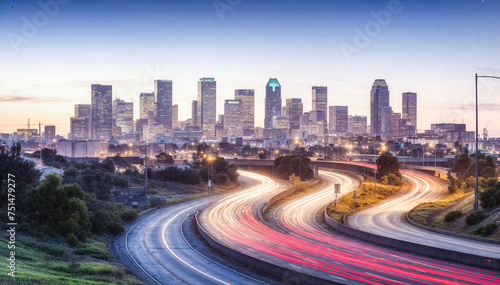 A long exposure shot of the Dallas skyline at dusk with light trails from cars on the highway in the foreground