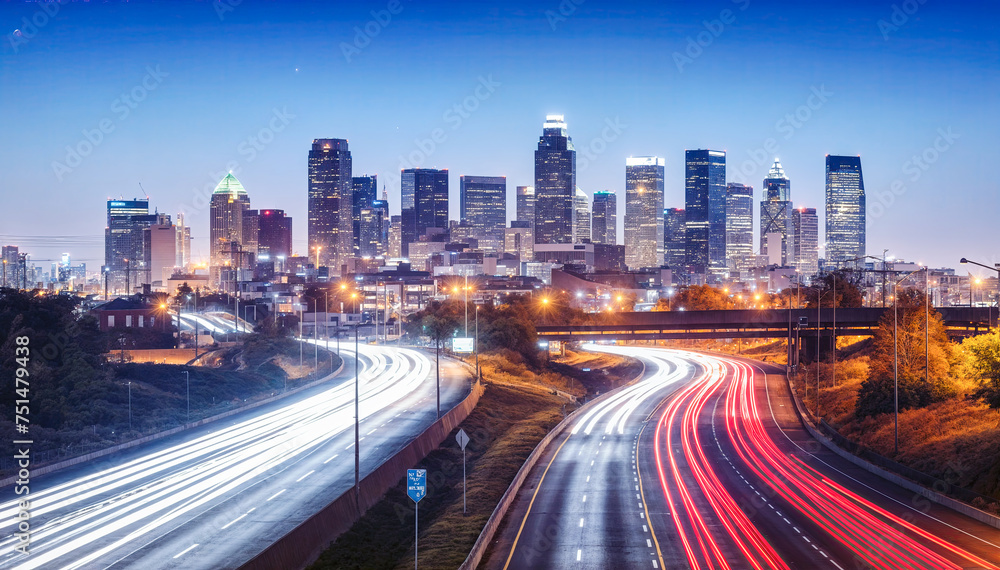 Fototapeta premium A long exposure shot of the Atlanta skyline at night with light trails from the cars on the highway in the foreground