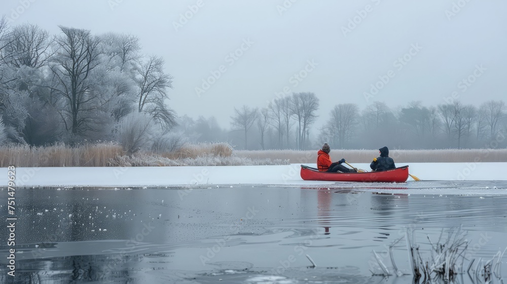 Fototapeta premium Aerial View of Canoe on Frozen Winter River 