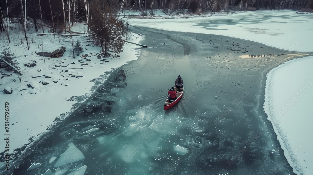 Fototapeta premium Aerial View of Canoe on Frozen Winter River 