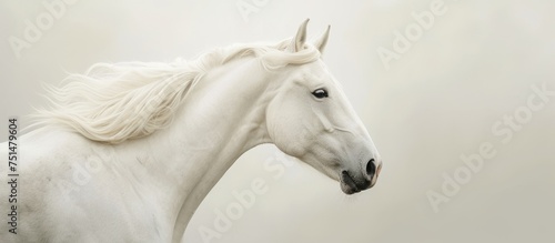 Majestic white horse with flowing mane and striking black nose in natural setting