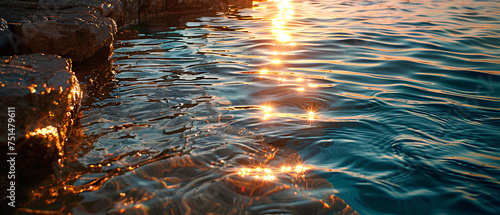 The setting sun's golden glow reflects on the water's surface by the rocky edge