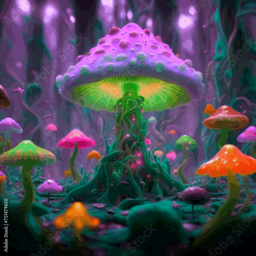 Hallucinogenic Sorcery Mushrooms. Sparkling Brilliant Neon Lights at the Woods