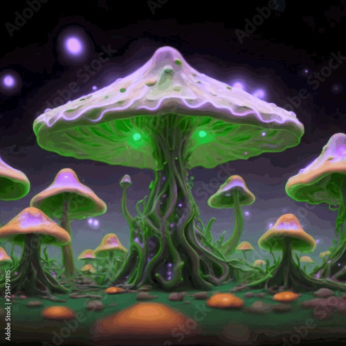 Hallucinogenic Sorcery Mushrooms. Sparkling Brilliant Neon Lights at the Woods