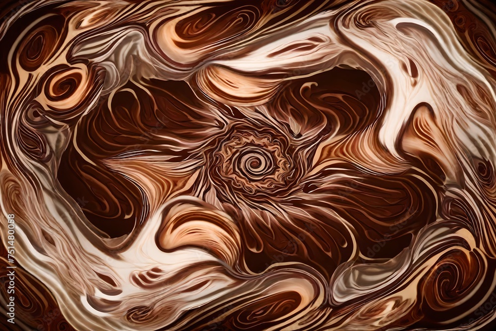 Swirling chocolate milk captured in motion, creating an abstract kaleidoscope of creamy, enticing swirls. Swirling chocolate milk captured in motion, creating an abstract kaleidoscope of creamy, enticing swirls.