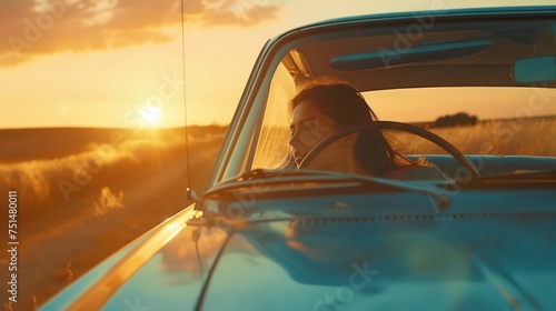 Car travel driving road trip of woman on a summer vacation in blue car at sunset, relaxation atmosphere © zakariastts