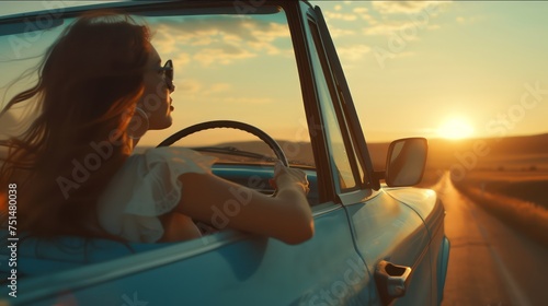 Car travel driving road trip of woman on a summer vacation in blue car at sunset, relaxation atmosphere