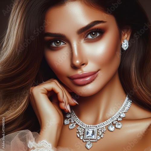 Portrait of a beautiful woman with brunette hair wearing a necklace with diamonds.