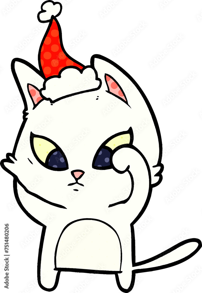 confused comic book style illustration of a cat wearing santa hat