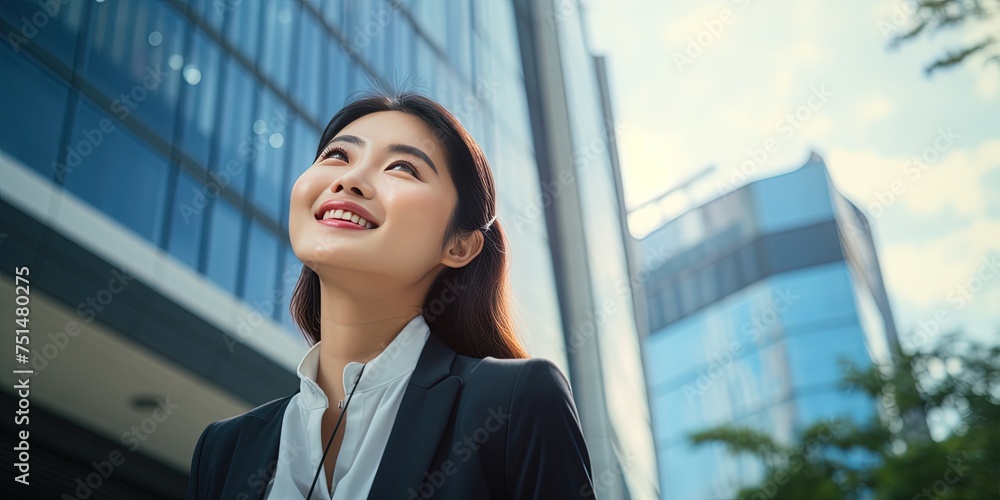 Happy young Asian business woman standing on street outside modern office building in the city. Portrait of professional businesswoman. Office worker looking up to the sky and smiling. Happy young Asian business woman standing on street outside modern office building in the city. Portrait of professional businesswoman. Office worker looking up to the sky and smiling.