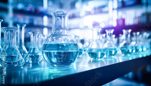 Scientific research and development in a modern laboratory Rows of various laboratory glassware with blue liquids on a lab table