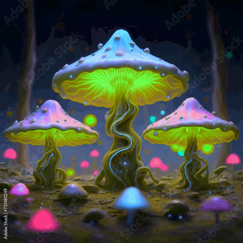 Hallucinogenic Sorcery Mushrooms. Sparkling Brilliant Neon Lights at the Woods