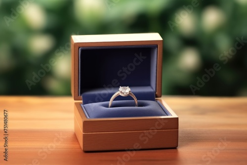 Wedding ring in a wooden box on a wooden table. Wedding content with Copy Space. © John Martin