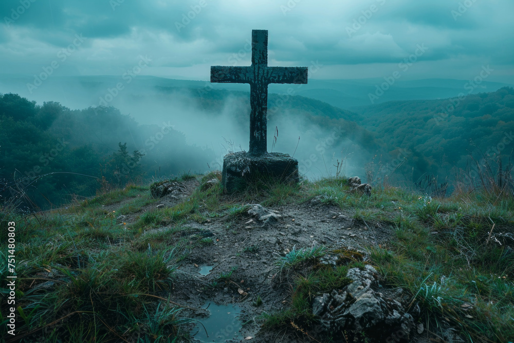 View of religious cross on top of mountain with sky and clouds. Generative Ai View of religious cross on top of mountain with sky and clouds. Generative Ai