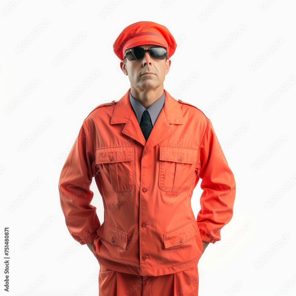 Man in orange uniform with hands on hips
Man in orange uniform with hands on hips