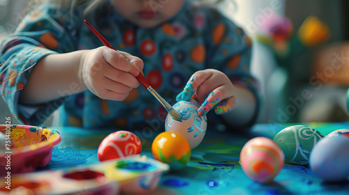 A child paints colorful Easter eggs at a table, white room