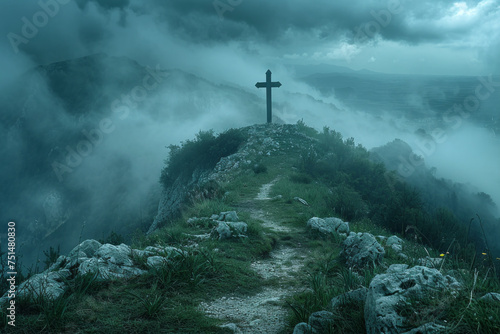 View of religious cross on top of mountain with sky and clouds. Generative Ai