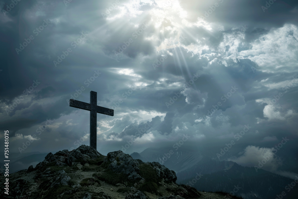 View of religious cross on top of mountain with sky and clouds. Generative Ai View of religious cross on top of mountain with sky and clouds. Generative Ai