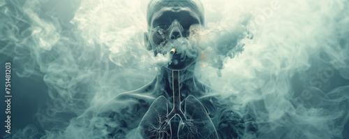 Abstract background with skeleton of smoker with cigarette. Concept of bad habits and healthy lifestyle. photo