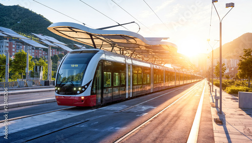 Modern tram arriving at the station at sunset The station is located in a residential area, surrounded by beautiful mountain landscape in the background.