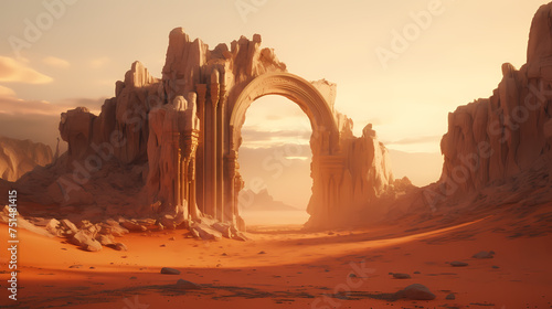 Surreal desert landscape decorated with massive, gravity-defying stone arches