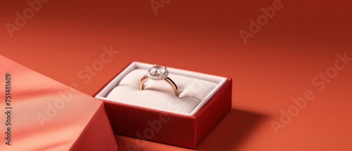Wedding ring in a red box on a red background. Wedding content with Copy Space.