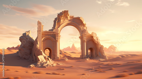 Surreal desert landscape decorated with massive, gravity-defying stone arches