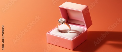 Wedding ring in a pink box on an orange background. Wedding content with Copy Space.