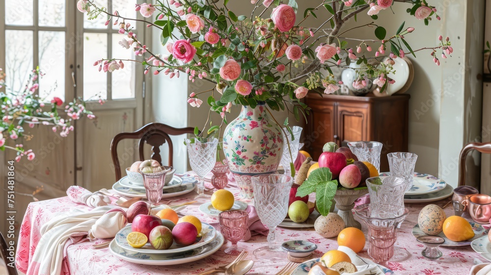 Spring or easter eggs table setting, pink flowers in a vase 