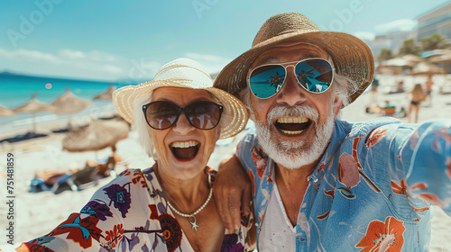 Close-up and portrait of two happy and active Elderly people having fun and enjoying themselves on the beach, elderly people outdoors enjoying a vacation together