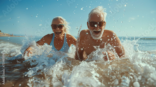 Close-up and portrait of two happy and active Elderly people having fun and enjoying themselves on the beach, elderly people outdoors enjoying a vacation together