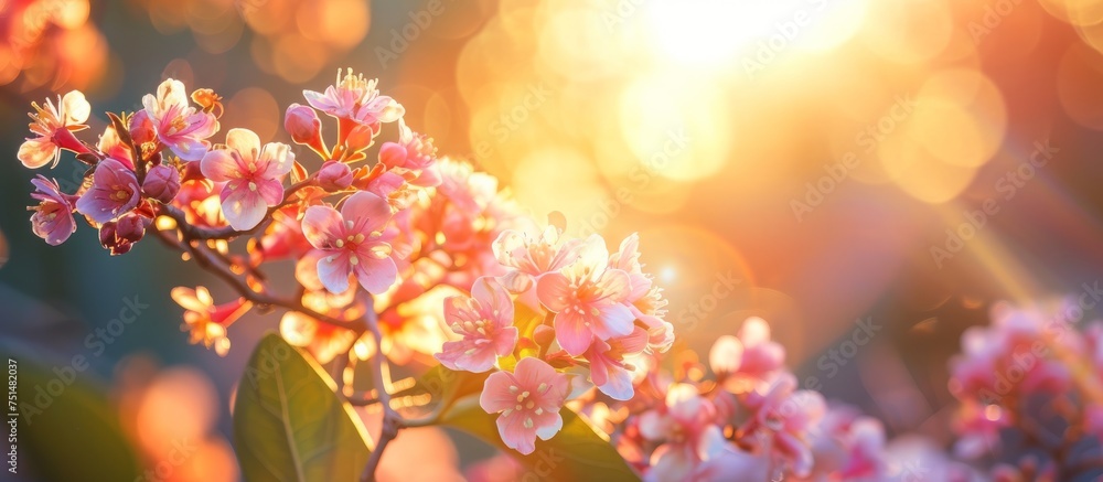 Beautiful pink flowers basking in the glowing sunlight, a picturesque scene of nature's beauty