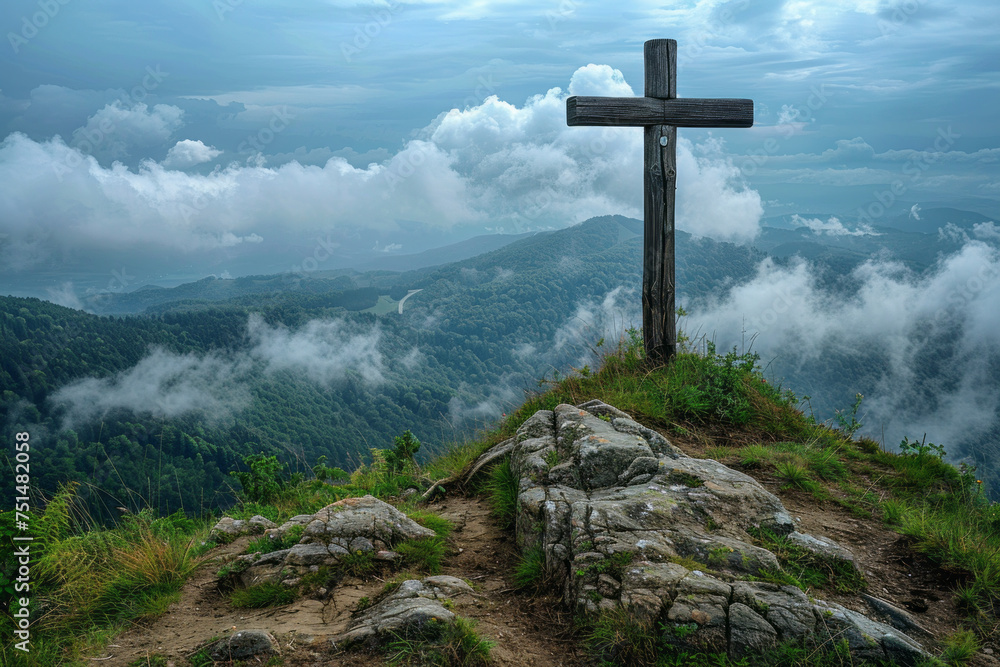 View of religious cross on top of mountain with sky and clouds. Generative Ai View of religious cross on top of mountain with sky and clouds. Generative Ai