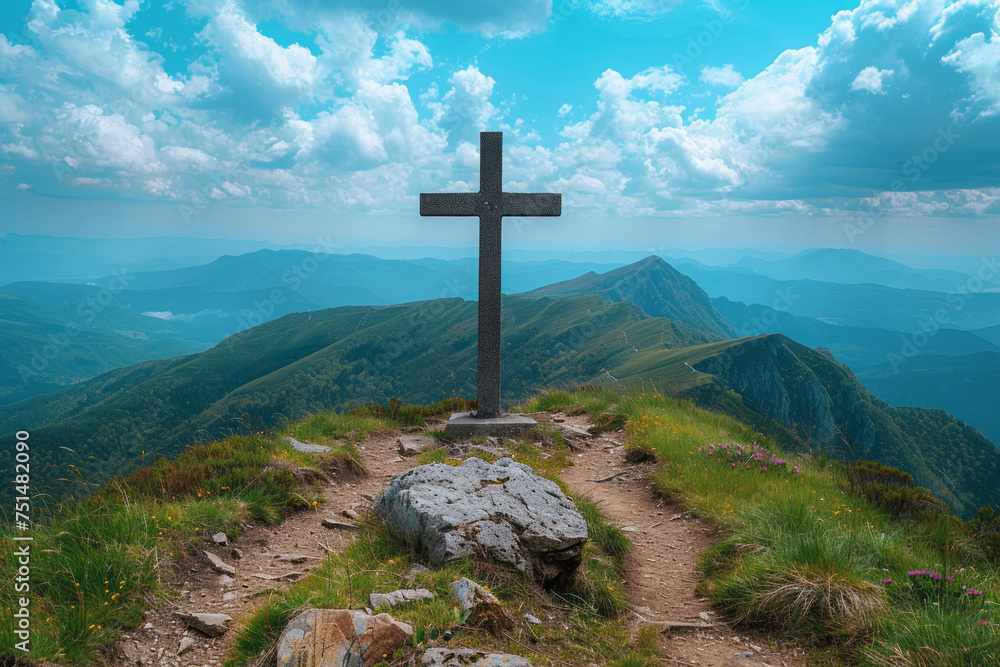 View of religious cross on top of mountain with sky and clouds. Generative Ai View of religious cross on top of mountain with sky and clouds. Generative Ai