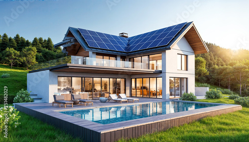 modern cozy house with pool and parking for sale or rent with solar panels on roof photo