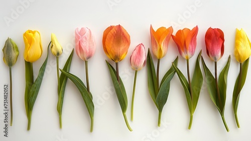 Spring tulip colored flowers in a row white background #751482052