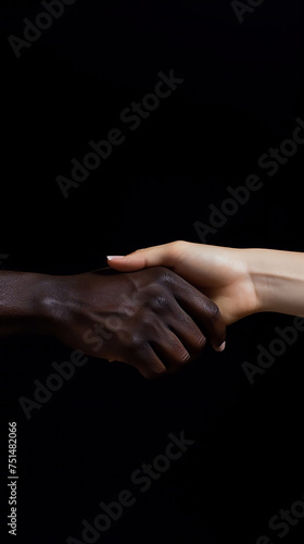 Handshake, African American man's hand holding white man's hand.