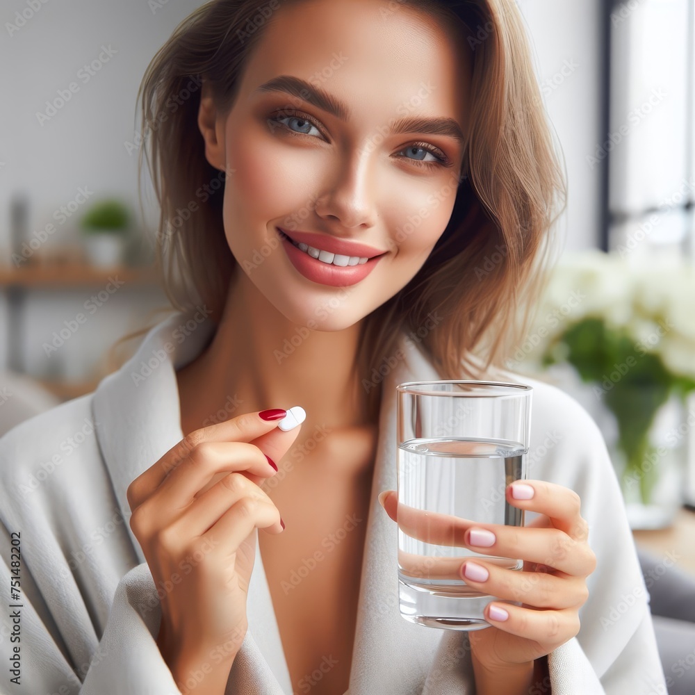 Beautiful woman holds a pill in her hand and a glass of water Beautiful woman holds a pill in her hand and a glass of water